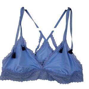 Aerie Blue Lace Trim Bralette With Tassels & Strappy Back Design Size M